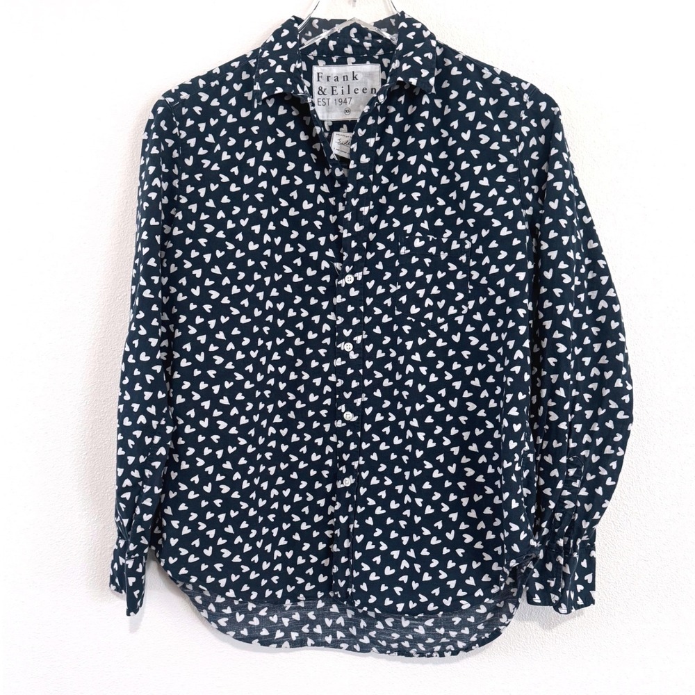 Frank & Eileen Navy Blue Button-Up Shirt with White Heart Print – Relaxed Fit